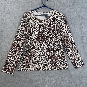 Additions by Chico's Top Womens 2 White Brown Heart Pattern Long Sleeve Casual